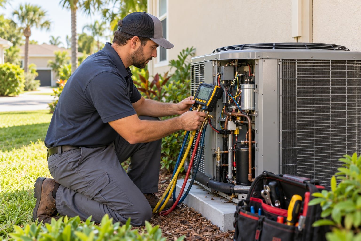 An HVAC technician diagnosing an outdoor air conditioning condenser