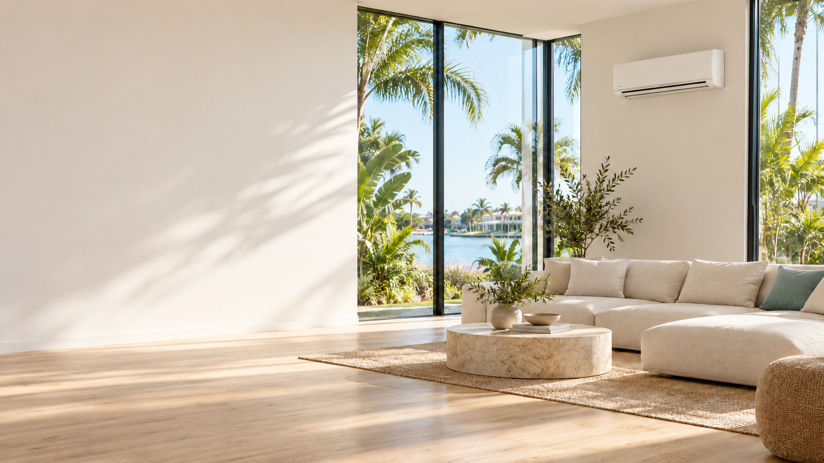 A bright conceptual living room with air conditioning and gently flowing curtains